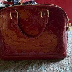 Louis Vuitton Red Satchel with Glossy Patent Finish